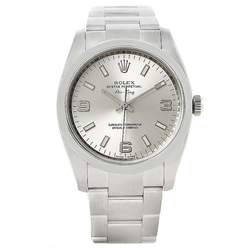 The image shows a front-facing view of a Rolex Air-King 114200 Men's Stainless Steel Silver Dial 114200 Men's Stainless Steel Silver Dial watch, highlighting its dial, bracelet, and crown.