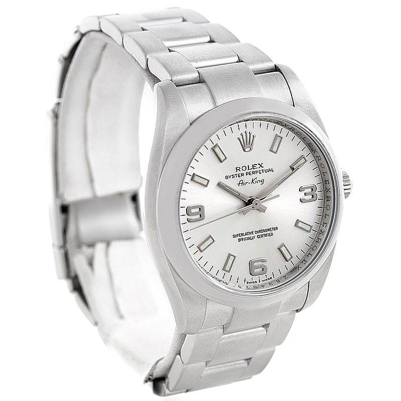 This image shows a Rolex Air-King 114200 Men's Stainless Steel Silver Dial 114200 Men's Stainless Steel Silver Dial watch from a slightly angled view, highlighting the dial, case, and bracelet.