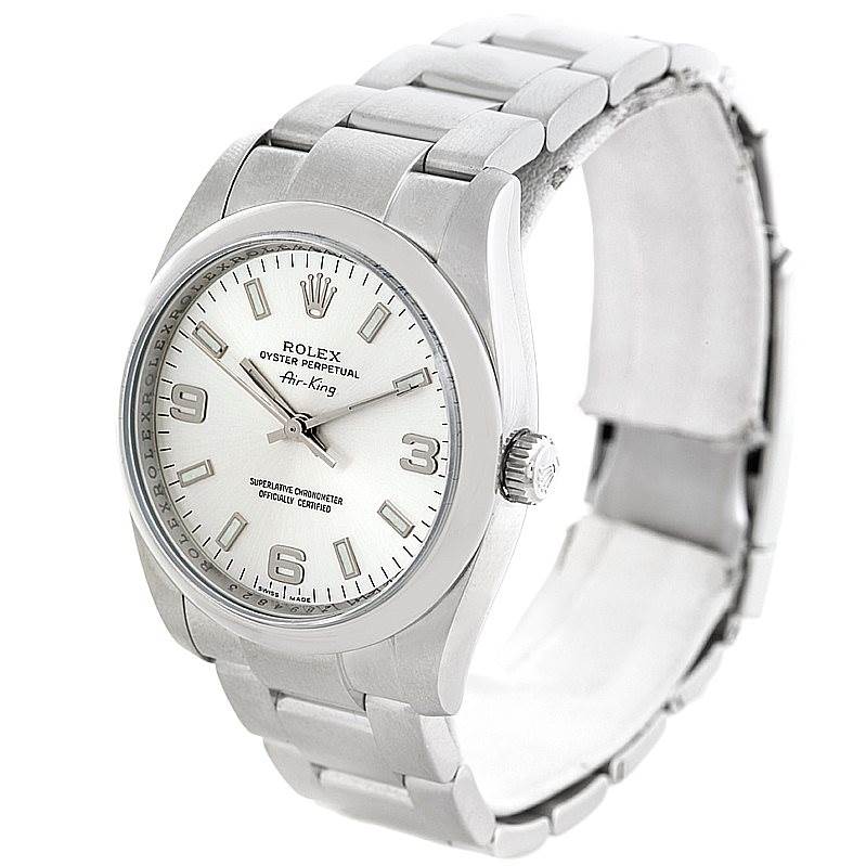 The image shows a frontal angle of a Rolex Air-King 114200 Men's Stainless Steel Silver Dial 114200 Men's Stainless Steel Silver Dial watch, displaying its face, crown, and metal bracelet.