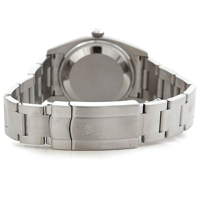 This image shows the rear view of a Rolex Air-King 114200 Men's Stainless Steel Silver Dial 114200 Men's Stainless Steel Silver Dial, highlighting its clasp, bracelet, and case back.