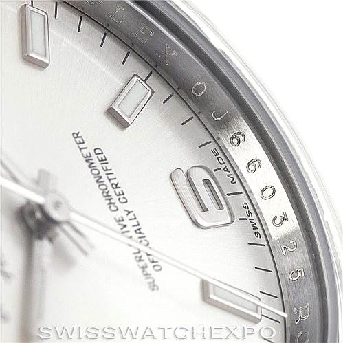 Close-up of the Rolex Air-King 114200 Men's Stainless Steel Silver Dial 114200 Men's Stainless Steel Silver Dial watch dial showing the 3 o'clock position and parts of the hour markers and text.