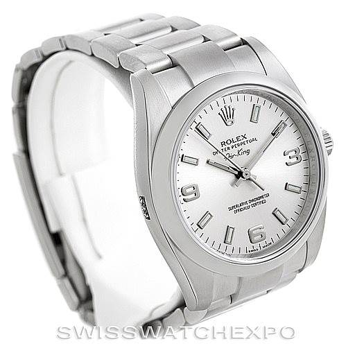 The Rolex Air-King 114200 Men's Stainless Steel Silver Dial 114200 Men's Stainless Steel Silver Dial watch is shown at a front angle, displaying the dial, bezel, crown, and stainless steel bracelet.