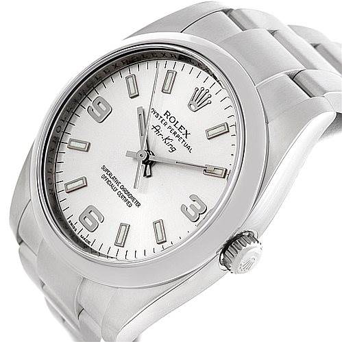 The image shows a Rolex Air-King 114200 Men's Stainless Steel Silver Dial 114200 Men's Stainless Steel Silver Dial watch from an angled view, highlighting the dial, crown, and bracelet.