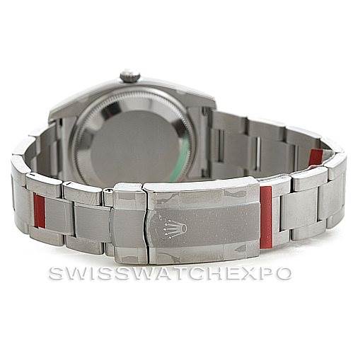 The image shows the rear view of the Rolex Air-King 114200 Men's Stainless Steel Silver Dial 114200 Men's Stainless Steel Silver Dial watch, focusing on the case back and bracelet with the clasp visible.