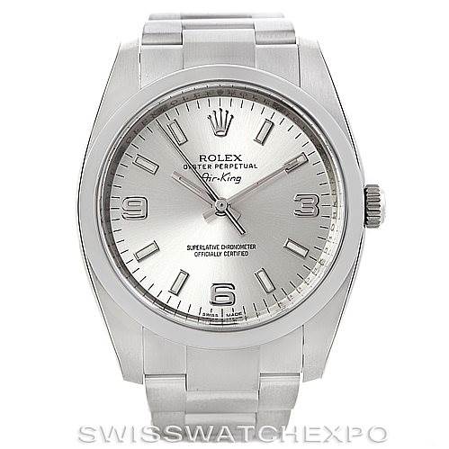 The image shows a front view of a Rolex Air-King 114200 Men's Stainless Steel Silver Dial 114200 Men's Stainless Steel Silver Dial watch, displaying its dial, hour markers, hands, and bracelet.