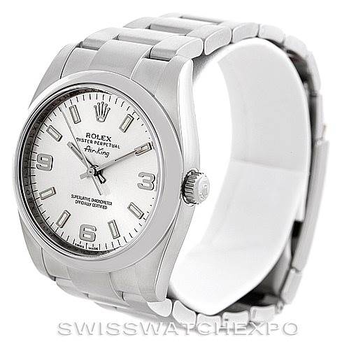 This image shows a Rolex Air-King 114200 Men's Stainless Steel Silver Dial 114200 Men's Stainless Steel Silver Dial watch at a three-quarter angle highlighting its face, bezel, crown, and bracelet.
