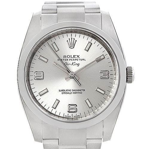 The image shows a frontal view of an Air-King model Rolex watch, displaying its face, hands, and bracelet.