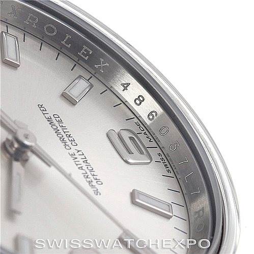 This close-up image shows part of the dial and bezel of a Rolex Air-King 114200 Men's Stainless Steel Silver Dial 114200 Men's Stainless Steel Silver Dial watch, highlighting the brand name and some hour markers.