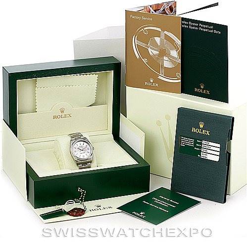 This image shows a Rolex Air-King 114200 Men's Stainless Steel Silver Dial 114200 Men's Stainless Steel Silver Dial watch in its box along with booklets, tags, and documentation.