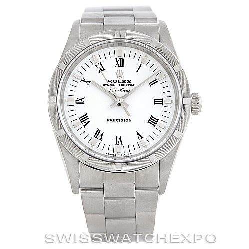The image shows a front view of the Rolex Air-King 14010 Men's Stainless Steel White Dial 14010 Men's Stainless Steel White Dial watch, displaying its face, bezel, crown, and bracelet.