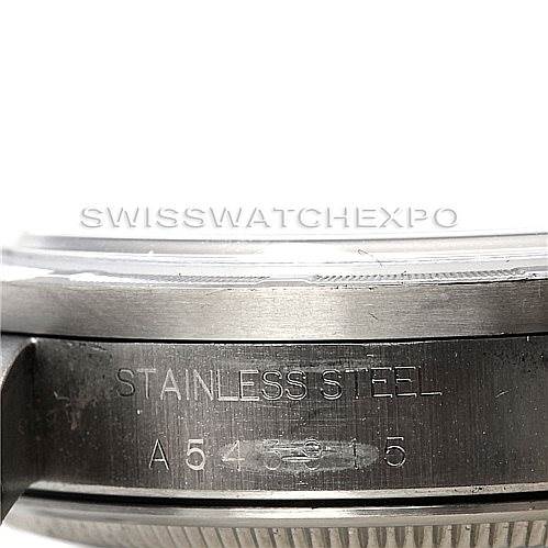 This image shows a close-up view of the side of a Rolex Air-King 14010 Men's Stainless Steel White Dial 14010 Men's Stainless Steel White Dial watch case, highlighting the "Stainless Steel" engraving.