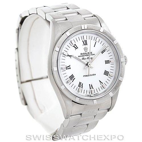 The image shows a Rolex Air-King 14010 Men's Stainless Steel White Dial 14010 Men's Stainless Steel White Dial watch at a slight angle from the top left, displaying the face, bezel, and bracelet.