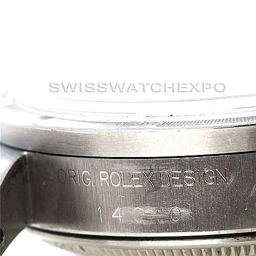 This is a close-up of the side of an Air-King Rolex watch, highlighting the engraved text "ORIG. ROLEX DESIGN" and part of the model number.