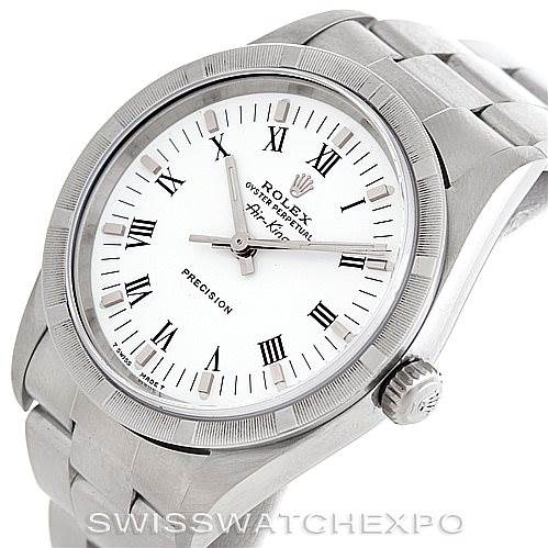 The watch is a Rolex Air-King 14010 Men's Stainless Steel White Dial 14010 Men's Stainless Steel White Dial, shown from an oblique angle highlighting the face, crown, and part of the bracelet.