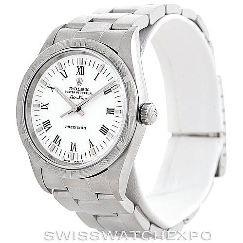 The image shows a Rolex Air-King 14010 Men's Stainless Steel White Dial 14010 Men's Stainless Steel White Dial watch at an angled front view, displaying the dial, bezel, bracelet, and crown.