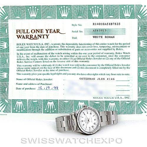 The image shows a Rolex Air-King 14010 Men's Stainless Steel White Dial 14010 Men's Stainless Steel White Dial model watch placed on top of its full one-year warranty certificate.