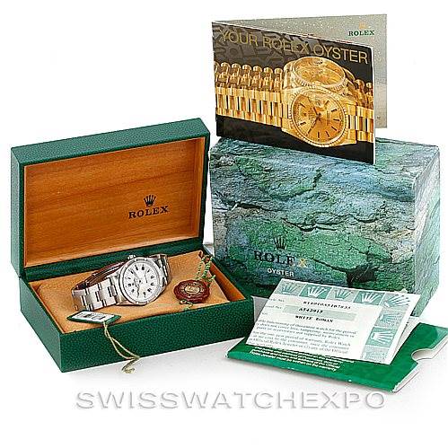 The image shows a Rolex Air-King 14010 Men's Stainless Steel White Dial 14010 Men's Stainless Steel White Dial watch with its green box, warranty card, hang tags, and a booklet, displayed at a frontal angle.