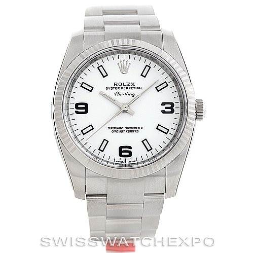 This image shows the front view of the Rolex Air-King 114234 Men's Stainless Steel White Dial 114234 Men's Stainless Steel White Dial watch, displaying the dial, hands, case, and bracelet.