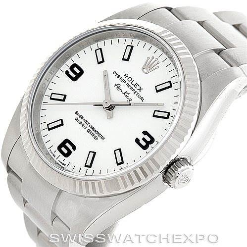 The image shows a Rolex Air-King 114234 Men's Stainless Steel White Dial 114234 Men's Stainless Steel White Dial watch at an angled side view, highlighting the white dial, fluted bezel, and stainless steel bracelet.