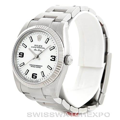 This image shows a Rolex Air-King 114234 Men's Stainless Steel White Dial 114234 Men's Stainless Steel White Dial watch at a three-quarter angle, displaying the dial, bezel, and bracelet.