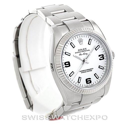 The image shows a Rolex Air-King 114234 Men's Stainless Steel White Dial 114234 Men's Stainless Steel White Dial watch at a three-quarter angle, highlighting the face, bezel, and part of the bracelet.