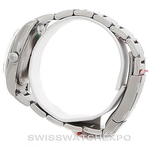 The Rolex Air-King 114234 Men's Stainless Steel White Dial 114234 Men's Stainless Steel White Dial watch is shown from a side angle, displaying its bracelet, crown, and part of the case.