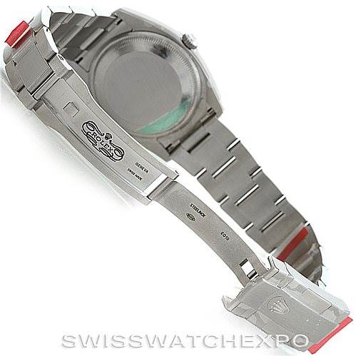 The image shows the back and clasp of the Rolex Air-King 114234 Men's Stainless Steel White Dial 114234 Men's Stainless Steel White Dial watch at an angled view.