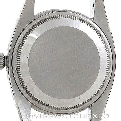 This image shows the back and crown of a Rolex Air-King 114210 Men's Stainless Steel Silver Dial 114210 Men's Stainless Steel Silver Dial watch from a straight rear angle.