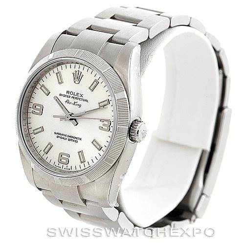 The image shows a Rolex Air-King 114210 Men's Stainless Steel Silver Dial 114210 Men's Stainless Steel Silver Dial watch at a three-quarter angle, highlighting the face, bezel, crown, and bracelet.