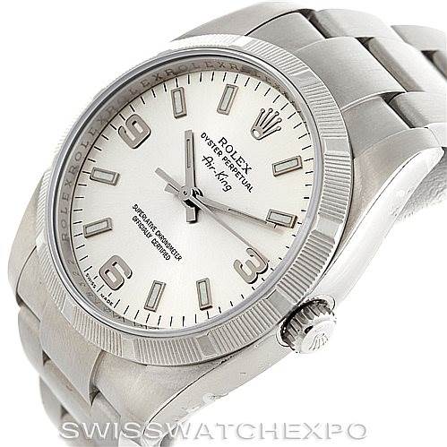 The image shows a Rolex Air-King 114210 Men's Stainless Steel Silver Dial 114210 Men's Stainless Steel Silver Dial watch at a slight angle, displaying its face, bezel, crown, and part of the bracelet.
