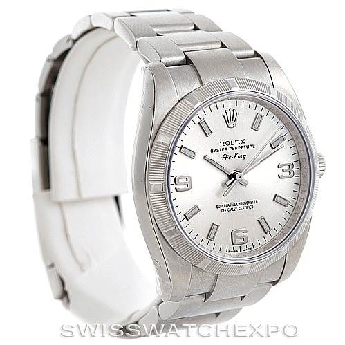 The image shows a front and slight side view of the Rolex Air-King 114210 Men's Stainless Steel Silver Dial 114210 Men's Stainless Steel Silver Dial watch, highlighting its silver dial, case, and bracelet.