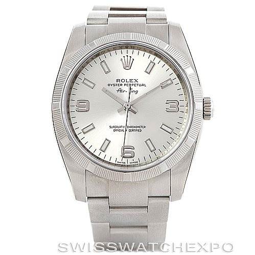 This image shows a front view of a Rolex Air-King 114210 Men's Stainless Steel Silver Dial 114210 Men's Stainless Steel Silver Dial watch, displaying the face, bezel, and part of the bracelet.