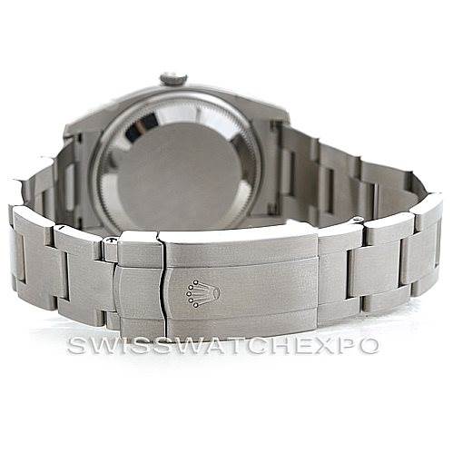 The image shows the rear view of a Rolex Air-King 114210 Men's Stainless Steel Silver Dial 114210 Men's Stainless Steel Silver Dial watch, highlighting the clasp, case back, and bracelet.