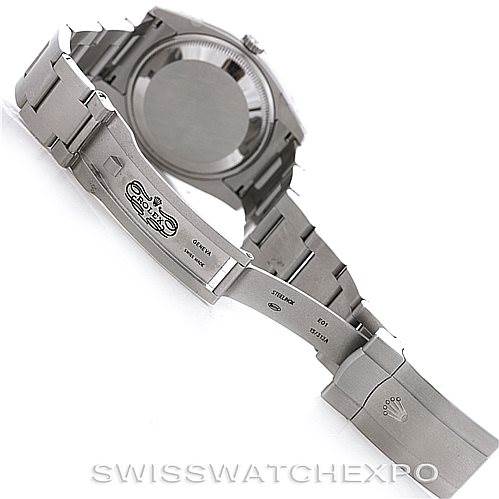 This image shows the back case and opened clasp of a Rolex Air-King 114210 Men's Stainless Steel Silver Dial 114210 Men's Stainless Steel Silver Dial watch, showcasing the bracelet and internal clasp details.