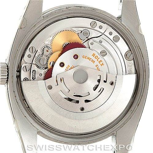 The image shows the internal mechanism and movement of a Rolex Air-King 114210 Men's Stainless Steel Silver Dial 114210 Men's Stainless Steel Silver Dial watch, viewed from the back.