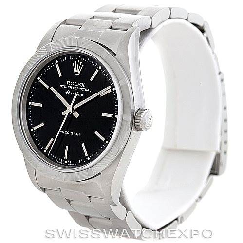 This image shows a Rolex Air-King 14010 Men's Stainless Steel Black Dial 14010 Men's Stainless Steel Black Dial watch from a front angle, highlighting its black dial, silver bracelet, and crown.