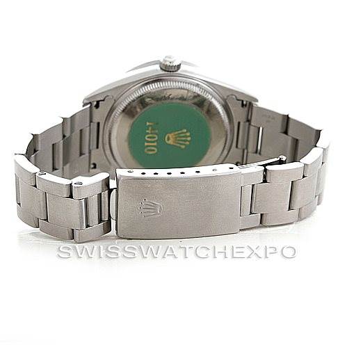 This is the back view of a Rolex Air-King 14010 Men's Stainless Steel Black Dial 14010 Men's Stainless Steel Black Dial watch showcasing its stainless steel bracelet and clasp.