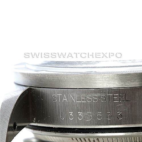 This image shows a close-up of the side of the stainless steel case and part of the bezel of a Rolex Air-King 14010 Men's Stainless Steel Black Dial 14010 Men's Stainless Steel Black Dial watch.