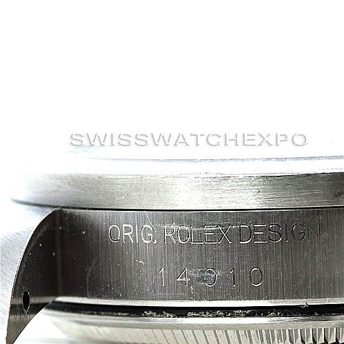 This image shows a close-up of the side of a Rolex Air-King 14010 Men's Stainless Steel Black Dial 14010 Men's Stainless Steel Black Dial watch, displaying the engraved model number and "ORIG. ROLEX DESIGN."