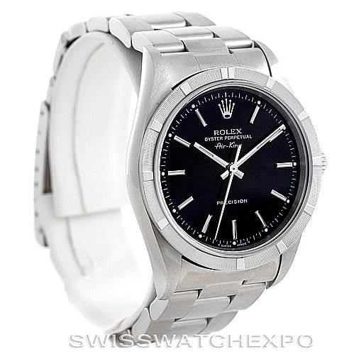 The Rolex Air-King 14010 Men's Stainless Steel Black Dial 14010 Men's Stainless Steel Black Dial watch is shown at a three-quarter angle displaying the face, bezel, and part of the bracelet.