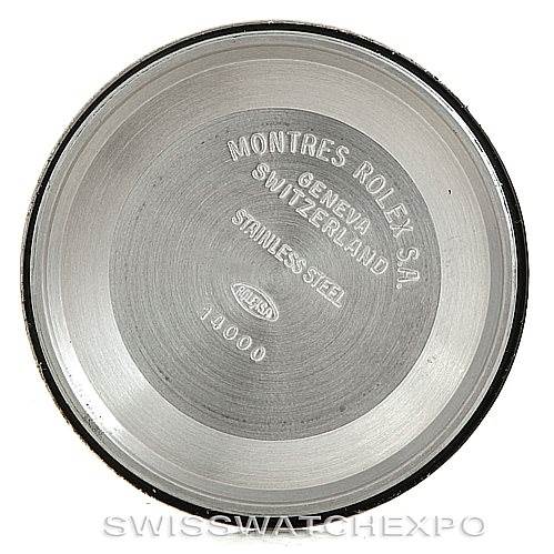 This image shows the inside of the Rolex Air-King 14010 Men's Stainless Steel Black Dial 14010 Men's Stainless Steel Black Dial watch case back, highlighting engravings and stainless steel material.