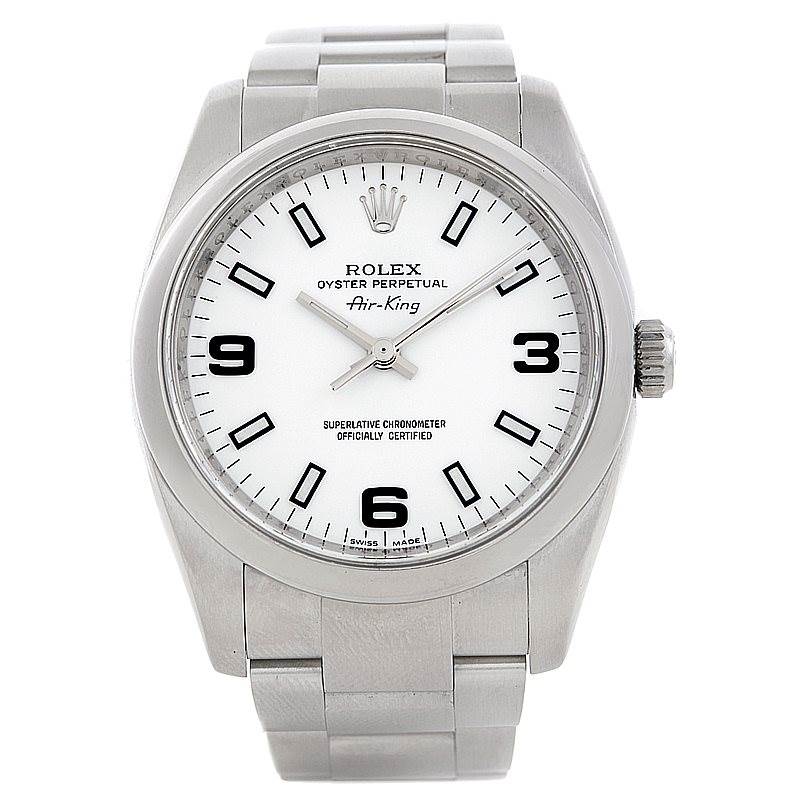 This image shows a Rolex Air-King 114200 Men's Stainless Steel White Dial 114200 Men's Stainless Steel White Dial watch from a front angle, displaying its face, bezel, crown, and part of the bracelet.