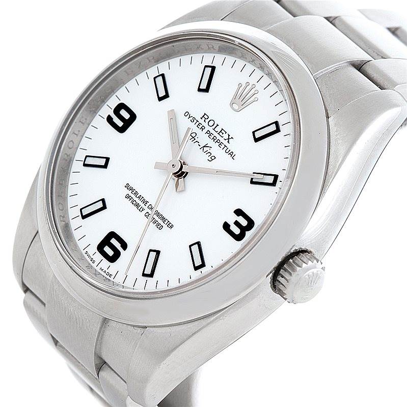The image shows a Rolex Air-King 114200 Men's Stainless Steel White Dial 114200 Men's Stainless Steel White Dial watch at a slight angle, displaying the dial, crown, and part of the bracelet.