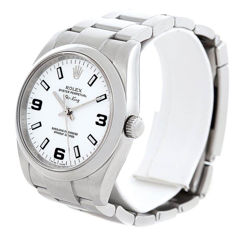 The Rolex Air-King 114200 Men's Stainless Steel White Dial 114200 Men's Stainless Steel White Dial watch is shown at a slight angle displaying its face, band, and crown.