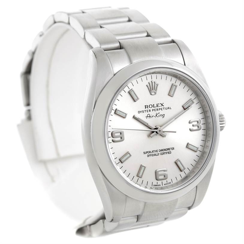 The image shows a Rolex Air-King 114200 Men's Stainless Steel Silver Dial 114200 Men's Stainless Steel Silver Dial watch at a front-side angle, displaying the dial, bezel, case, and bracelet.