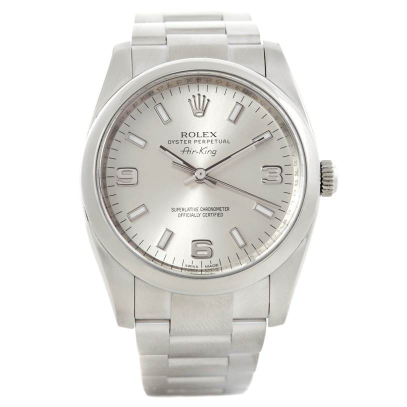 The image shows a front view of a Rolex Air-King 114200 Men's Stainless Steel Silver Dial 114200 Men's Stainless Steel Silver Dial watch, highlighting the dial, hands, bracelet, and crown.