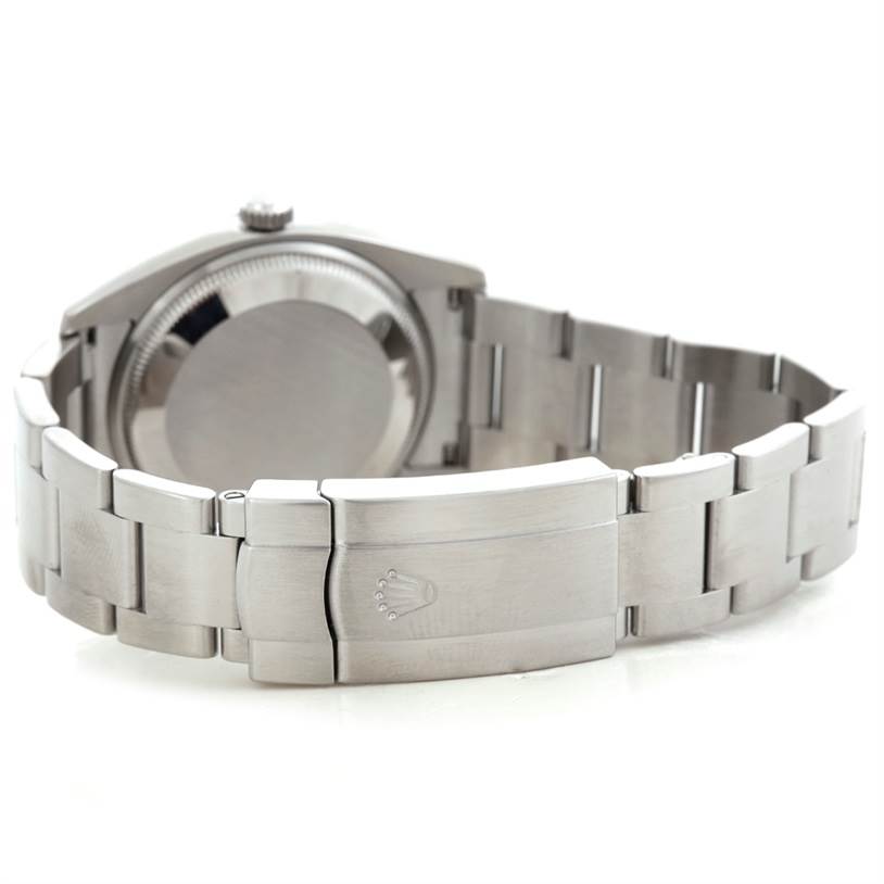 The image shows the back view of the Rolex Air-King 114200 Men's Stainless Steel Silver Dial 114200 Men's Stainless Steel Silver Dial watch, focusing on the clasp and part of the bracelet.