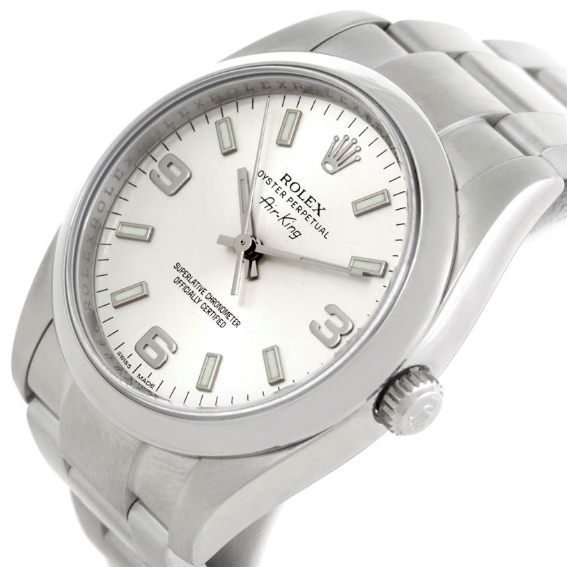 The image shows a Rolex Air-King 114200 Men's Stainless Steel Silver Dial 114200 Men's Stainless Steel Silver Dial watch at a slight three-quarter angle, displaying the dial, crown, and part of the bracelet.