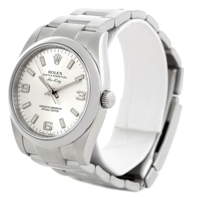 The image shows a Rolex Air-King 114200 Men's Stainless Steel Silver Dial 114200 Men's Stainless Steel Silver Dial watch at a slight side angle, highlighting the face, bezel, crown, and bracelet.