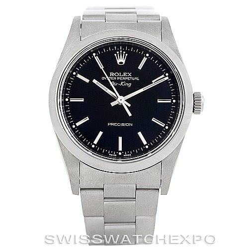 The image shows a front view of a Rolex Air-King 14000 Men's Stainless Steel Black Dial 14000 Men's Stainless Steel Black Dial watch, displaying the dial, bezel, case, and part of the bracelet.